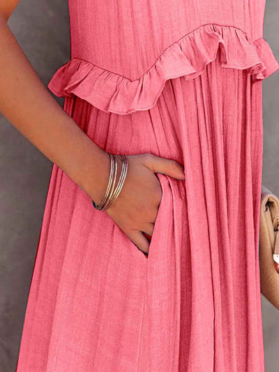 Smocked Tiered Ruffle Maxi Dress - Sleeveless with Pockets