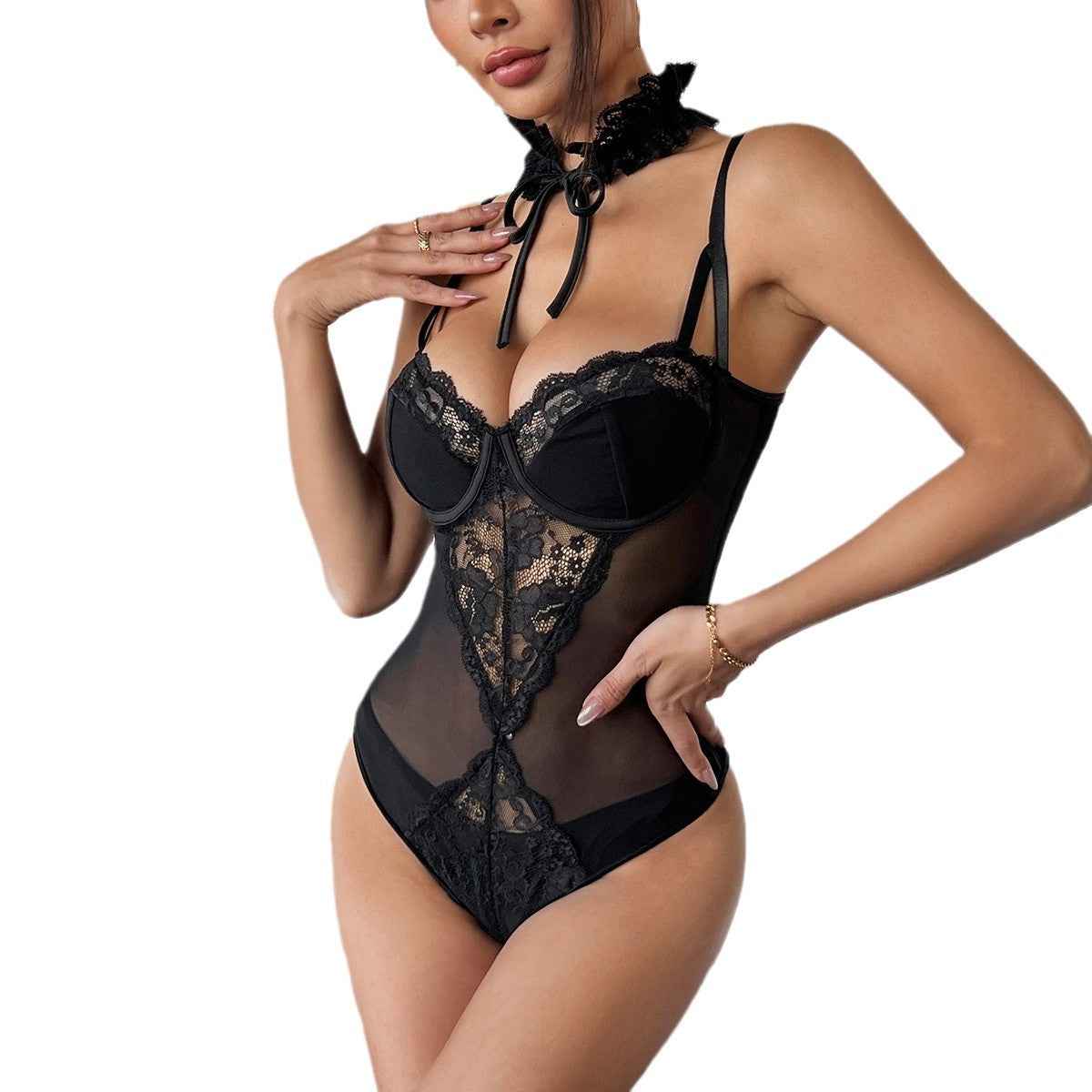 Seductive Lace Choker Bodysuit - Sheer Tempting Style
