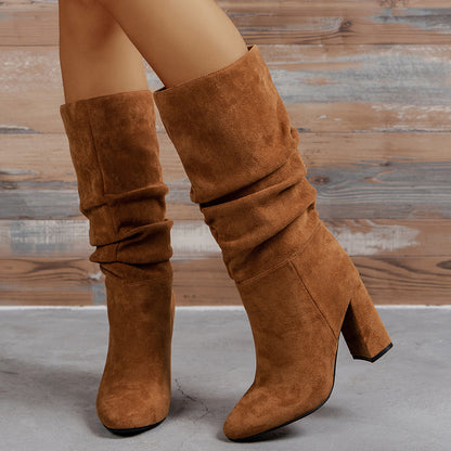 Slouchy Knee-High Boots - Sexy Suede Block Heel