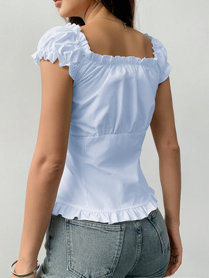 Off-Shoulder Ruffle Top - Button-Front Pleated Blouse