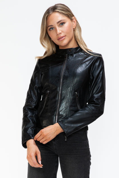 Black Faux Leather Zip Up Drawstring Hooded Jacket