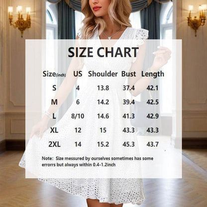 Women's Solid Color V-Neck Lace Short Sleeve Dress With Elastic Waist - A-Line Flowy Midi Dress For Summer Vacation - Fashions Envy
