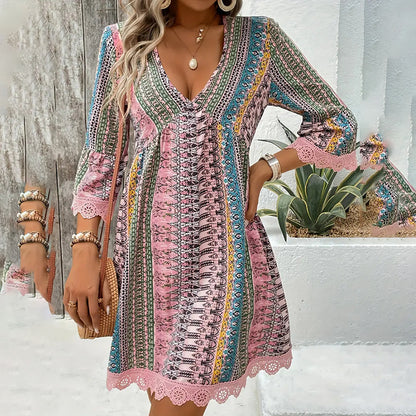 Boho V-Neck Sundress - Lace Trim Print Dress