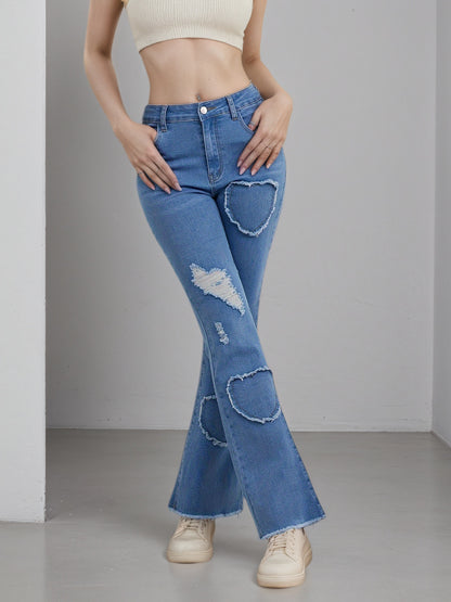 Heart Embroidery Flare Jeans 2025 - High Stretch Bell Bottoms - Fashions Envy