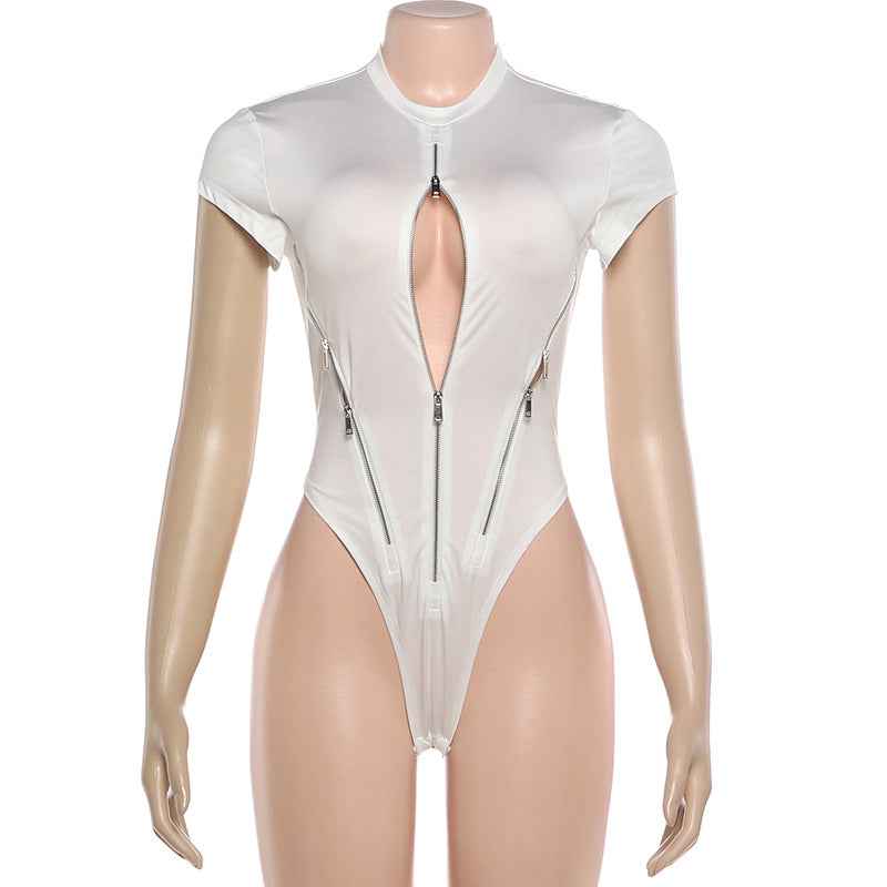 Zipper Sexy Cut-Out Bodysuit -  Bodycon Short Sleeve
