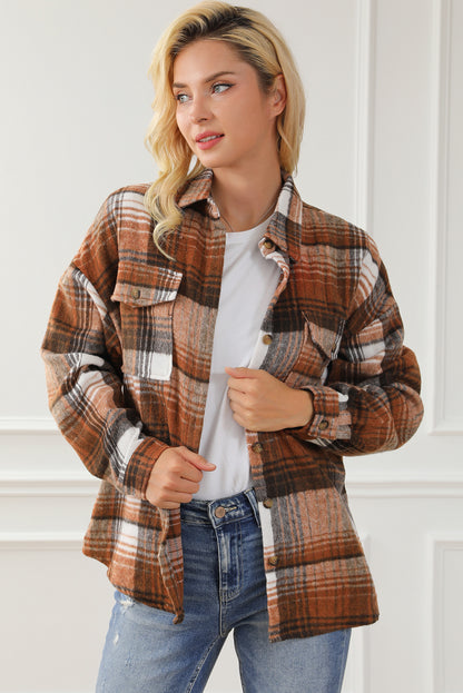 Brown Plaid Flap Pockets Shacket