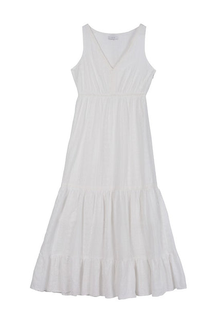 Embroidered V-Neckline Tiered White Maxi Dress