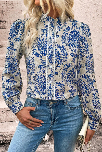 Sky Blue Bohemian Printed Bishop Sleeve Lace Shirt