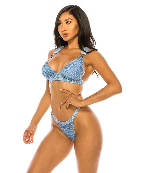 Stone Washed Denim Big Buckle Design Bikini Swimsuit