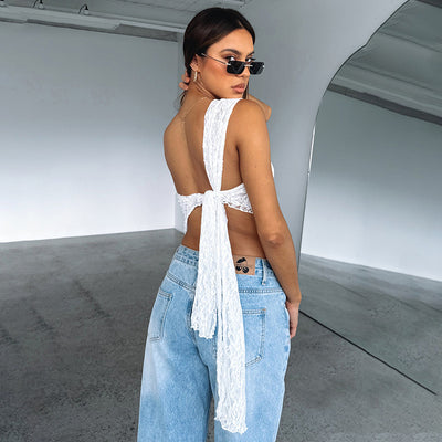 Lace Backless Tank Top - Asymmetrical Sloped Neck