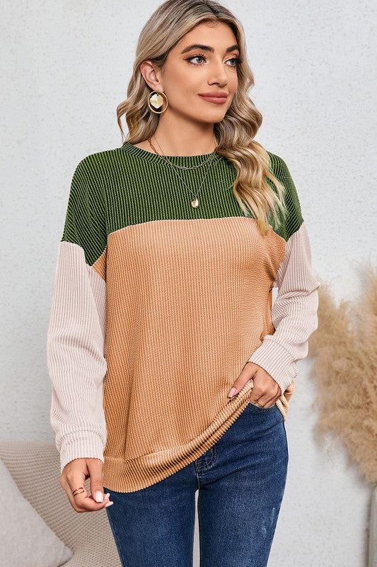 Ribbed Color Block Long Sleeve Corduroy Tunic Top