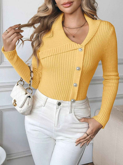 Ribbed Button-Up Cardigan - Chic Asymmetrical Style - Fashions Envy