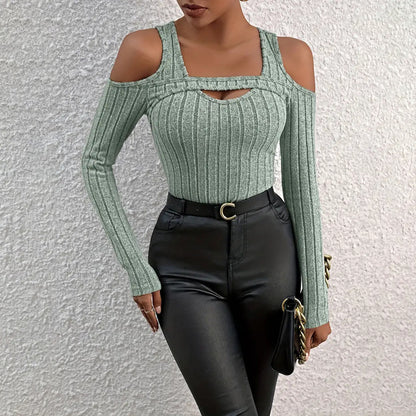 Cold Shoulder Ribbed Top - Cutout Long Sleeve Top