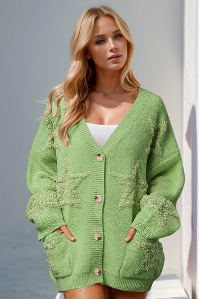 Double Take Full Size Button Up Star Pattern Cardigan - Fashions Envy
