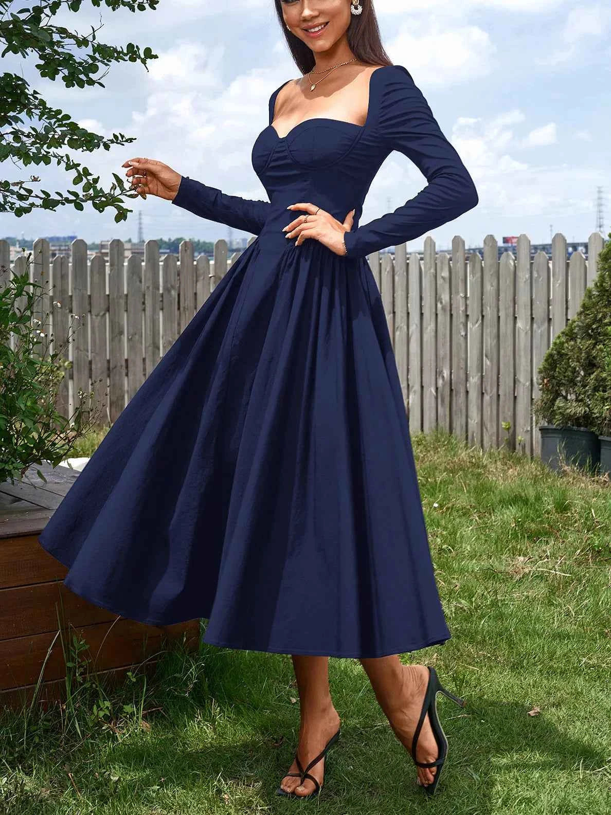Sweetheart Neckline Long Sleeve A-Line Midi Dress