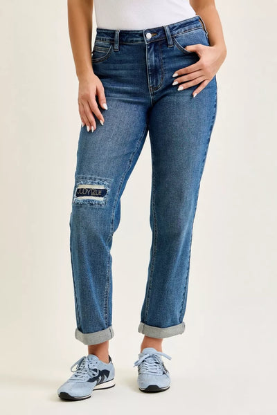 Judy Blue Mid Rise Boyfriend Embroidered Repair Patch Jeans - Fashions Envy