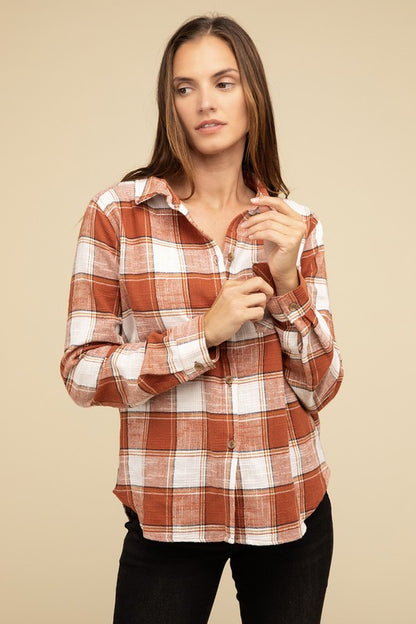 Cotton Plaid Shacket With Front Pocket