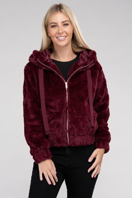 Fluffy Zip-Up Drawstring Teddy Hoodie