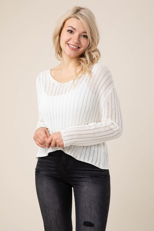 Ivory Variegated Ribbed V-Neck Sweater