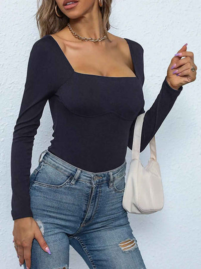 Square Neck Long Sleeve Bodysuit - Fashions Envy