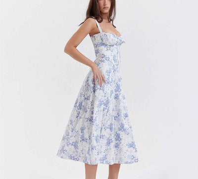 Corset Lace-Up Back Midi Dress - Wide Strap Side Slit