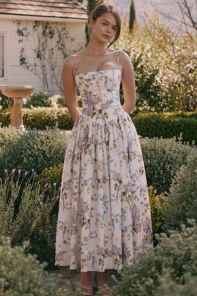 Floral Cami Maxi Dress - Cinched Waist A-Line Spaghetti Strap