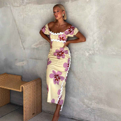 Floral Print Midi Dress - Short Sleeve Front Slit Style