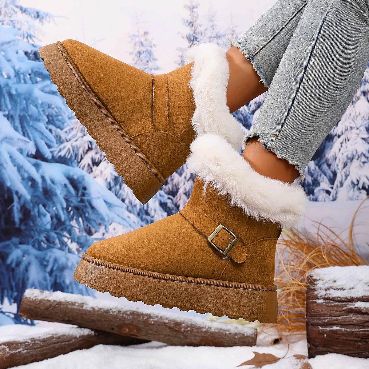 Cozy Round Toe Platform Boots with Fluff Lining - Fashions Envy