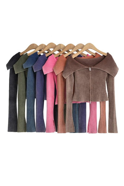 Double Take Ribbed Off-Shoulder Zip Up Long Sleeve Cardigan - Fashions Envy