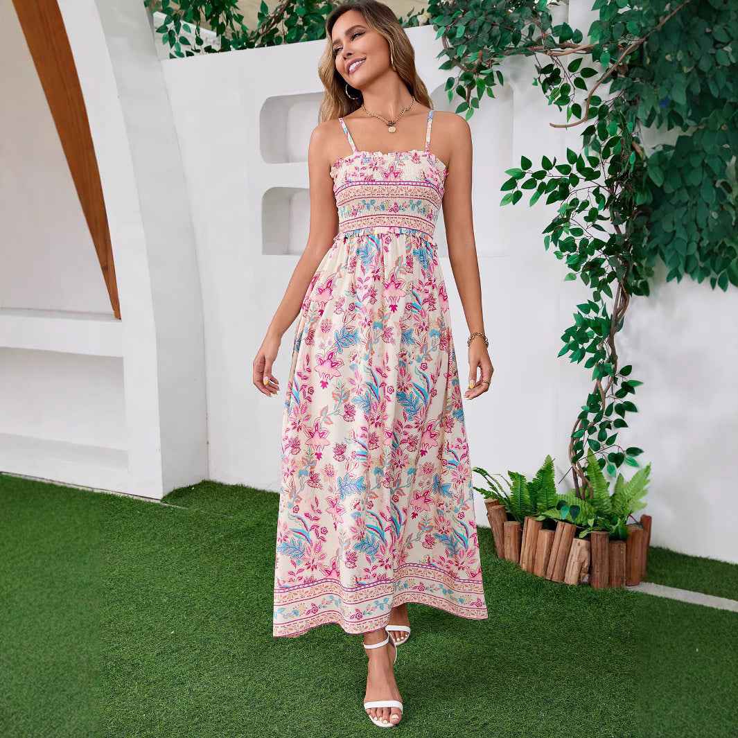 Ethnic Print Bohemian Maxi Dress - Backless Tie-Up Beach Style