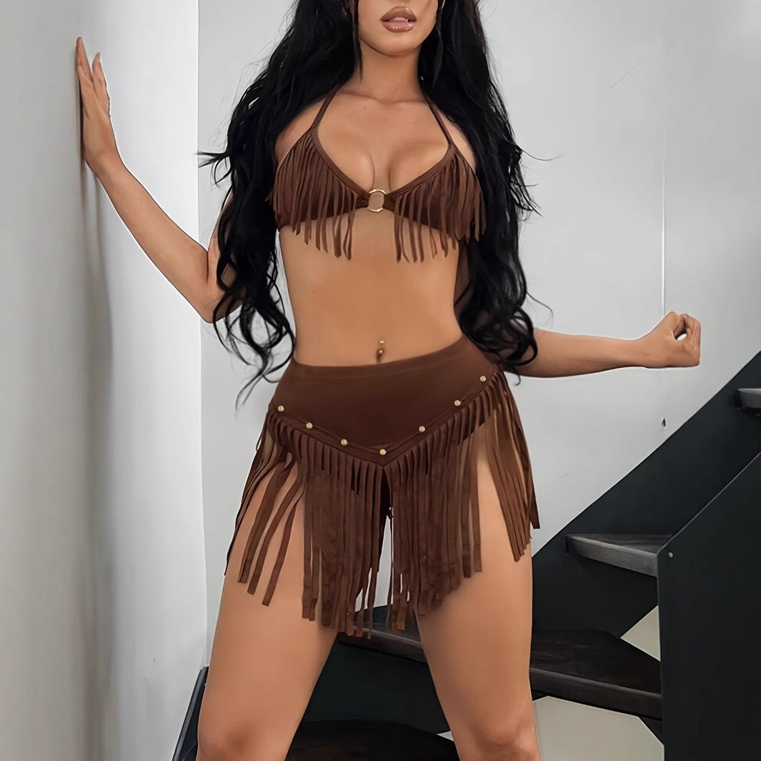 Sexy Bikini Style Tassel Hanging Neck Backless Outfit Set