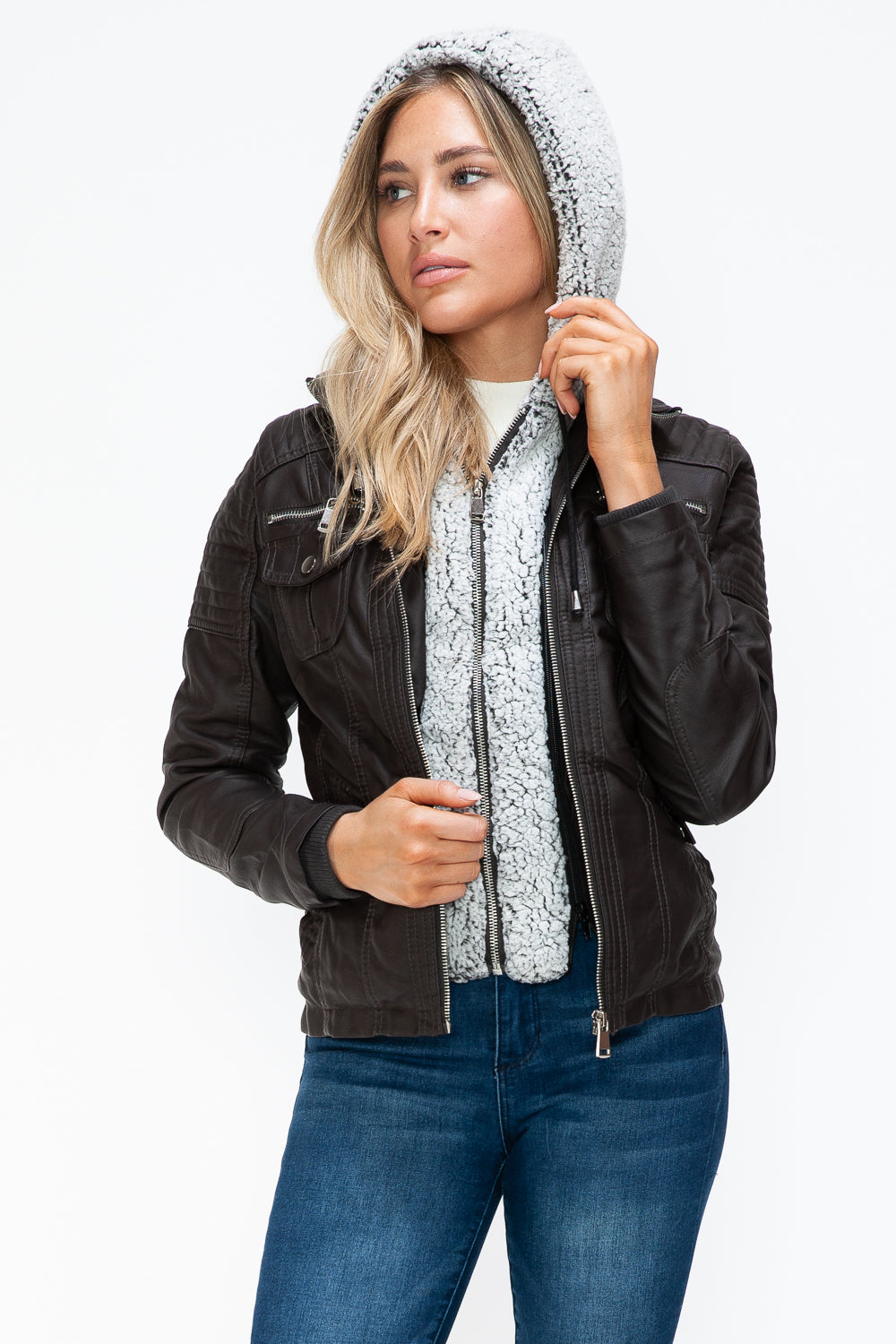 Chocolate Removable Faux Layered Multi-Pocket Jacket with Fuzzy Hood