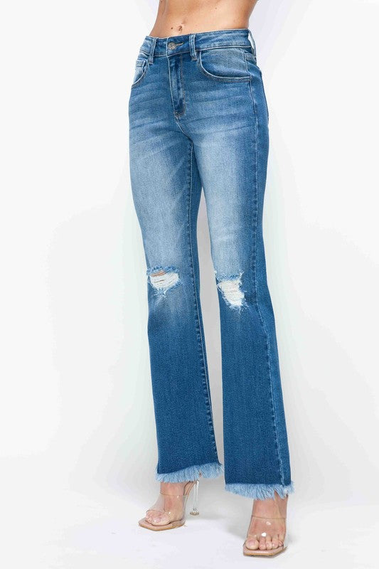 Medium Blue Full Size Raw Hem Distressed High Rise Bootcut Jeans