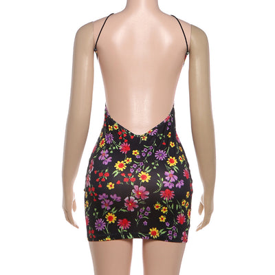 Halter Neck Backless Dress - Hollow Print Mini - Fashions Envy