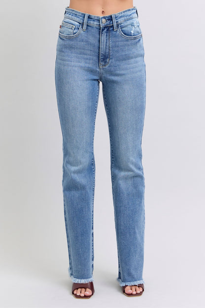 Medium Blue Full Size Raw Hem High Rise Bootcut Judy Jeans