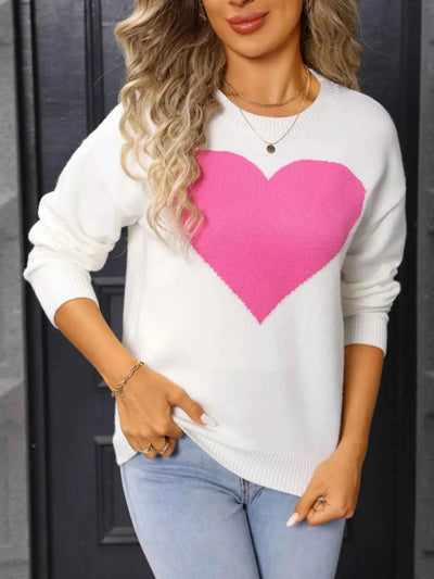 Valentine's Day Heart Round Neck Dropped Shoulder Sweater - Fashions Envy