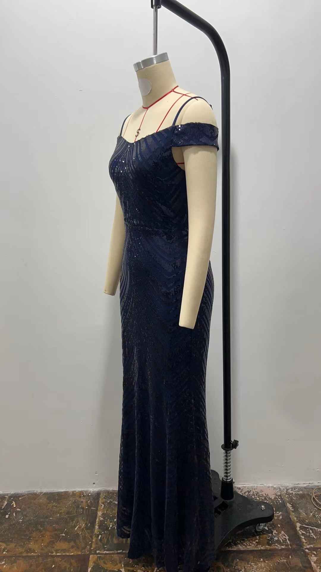 Blue Sequin Maxi Dress - Off Shoulder Spaghetti Strap Gown