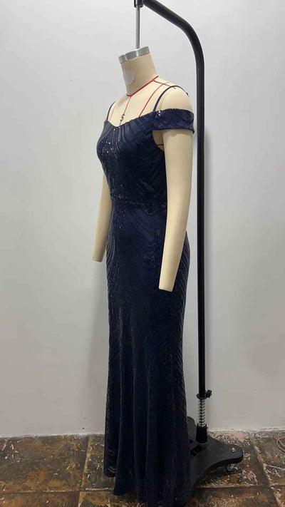 Blue Sequin Maxi Dress - Off Shoulder Spaghetti Strap Gown