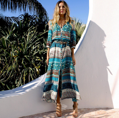 Boho V-Neck Maxi Dress - Long Sleeve Flowy Print