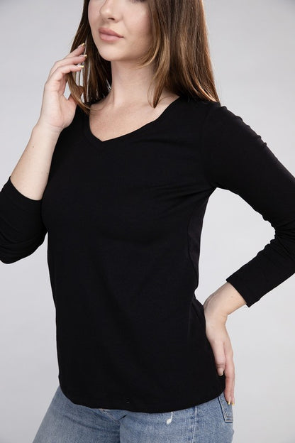 Cotton V-Neck Long Sleeve Casual T-Shirt