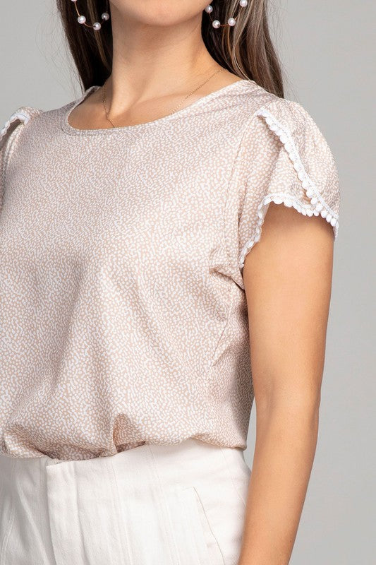 Petal Sleeve Satin Top with Lace Trim