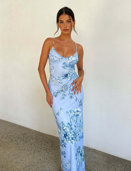 Y2K Sexy Bodycon Flower Print Maxi Slip Dress
