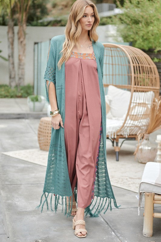 Solid 3/4 Sleeve Long Cardigan With Fringe