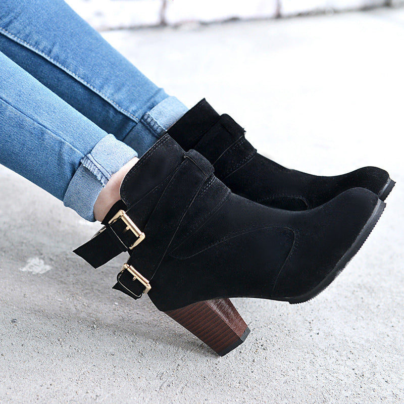 Women's Leather Ankle Boots - Strap Buckle Style - Fashions Envy