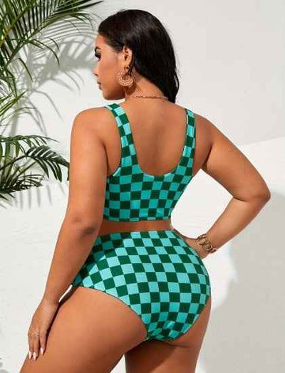 Plus Size Checkered Bikini - Full Coverage Square Neck