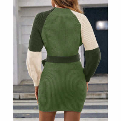 Color Block Sweater Dress - Midi Bodycon with Tie Waist