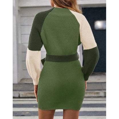 Color Block Sweater Dress - Midi Bodycon with Tie Waist
