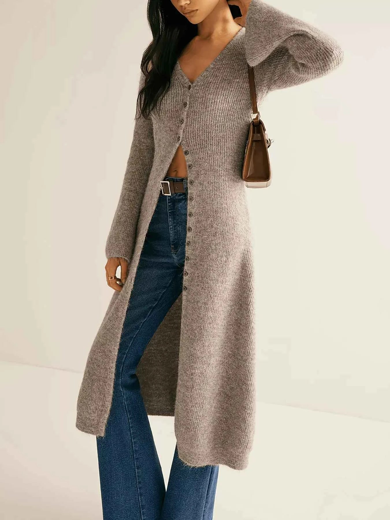 Longline Button-Down Bell Sleeve Cardigan