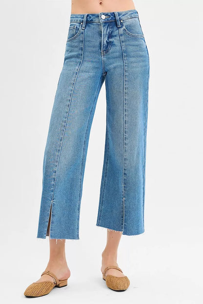 RISEN Crop Wide Leg Jeans - Tummy Control Mid Rise Front Slit - Fashions Envy
