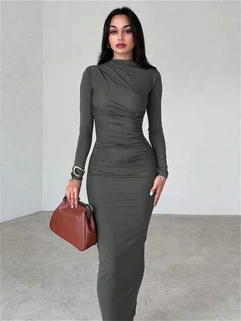 Pleated Maxi Dress - Bodycon Fitted Long Sleeve Elegant